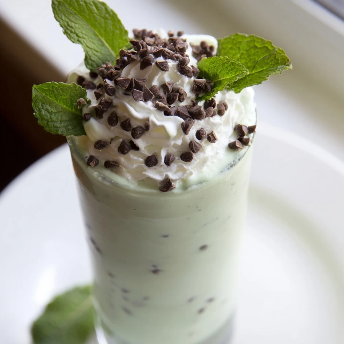 Close-up of Mint Chocolate Chip Milkshake with Whipped Cream topped with chocolate shavings, ready to serve with a striped straw.