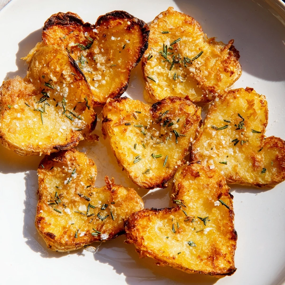 Roasted heart shaped potatoes with rosemary sit golden and crispy on a platter, garnished with fresh herbs.
