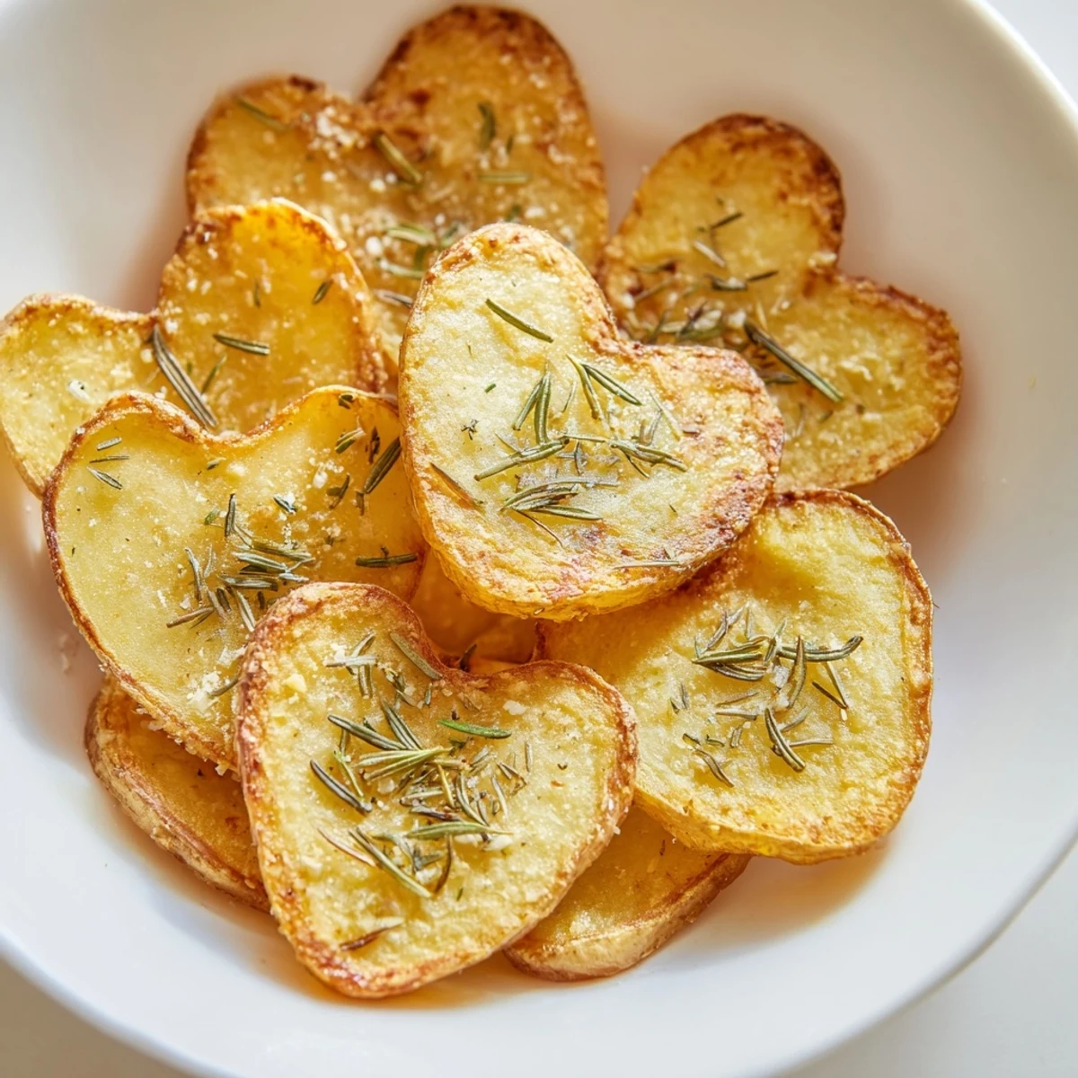 Golden roasted heart shaped potatoes with rosemary garnish with parsley for a festive, romantic side dish.