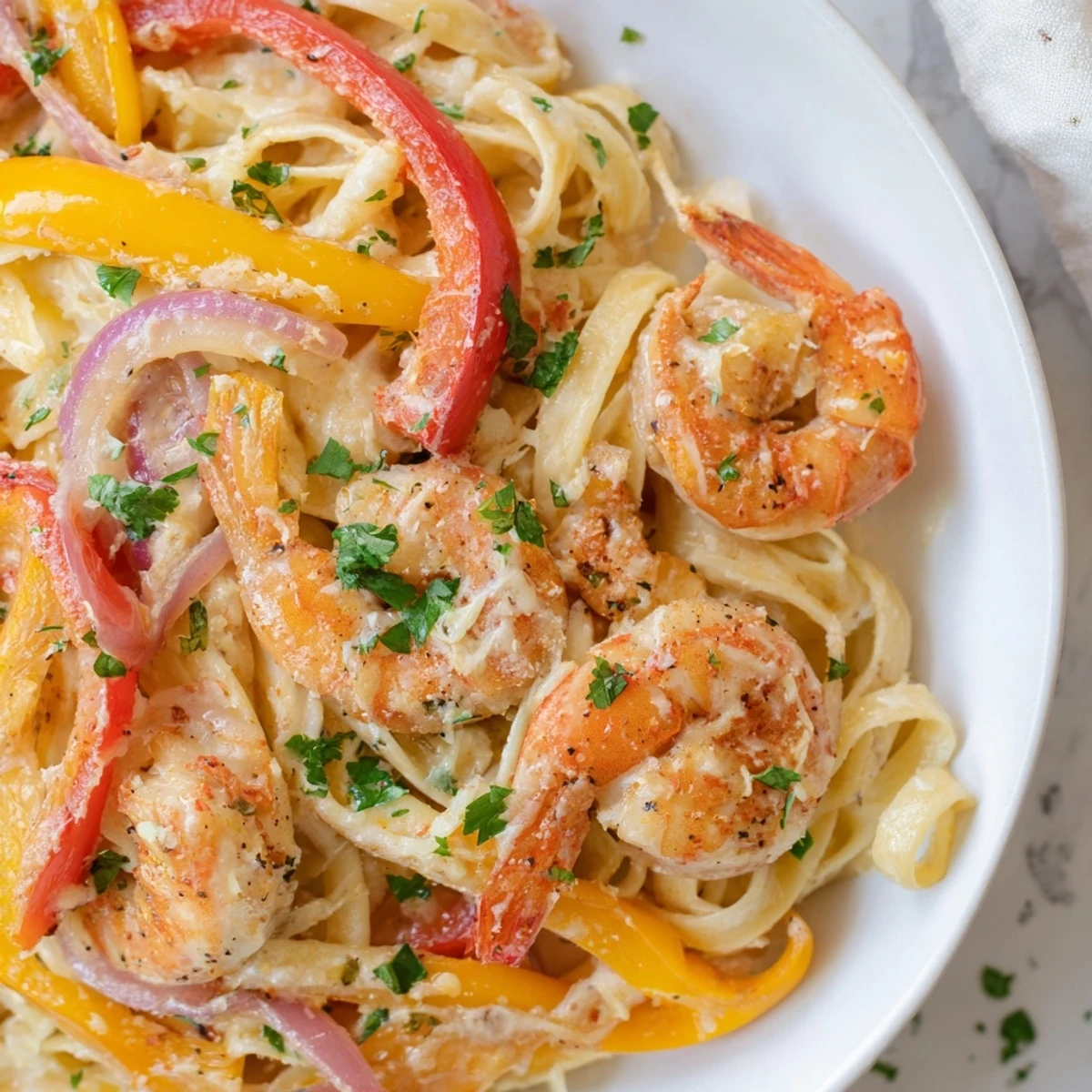 Vibrant Creamy Cajun Shrimp Pasta with Bell Peppers served in a skillet, garnished with fresh parsley.  