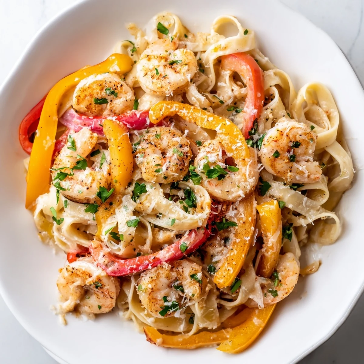 Linguine tossed in a rich, spicy Cajun cream sauce with sautéed bell peppers and succulent shrimp.  
