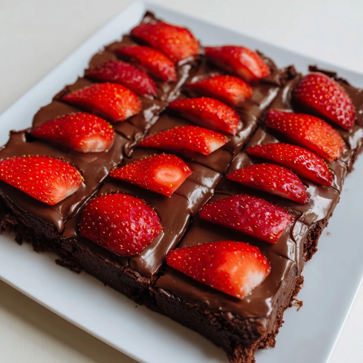 Decadent fudgy brownies layered with sweet strawberries and smooth chocolate ganache for dessert.