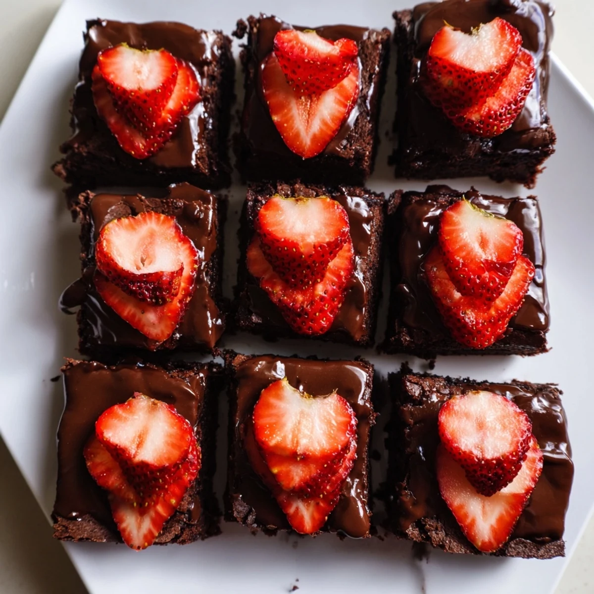 Freshly baked chocolate covered strawberry brownies topped with sliced strawberries and rich ganache glaze.