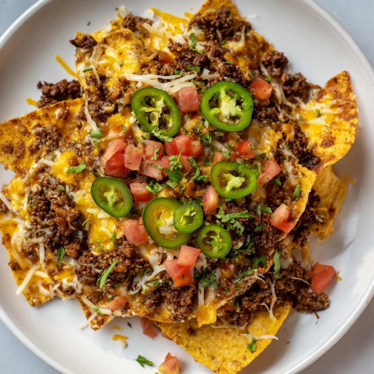 A close-up of a Spicy Beef Nacho Platter with Jalapeños, featuring golden melted cheese, seasoned beef, and crisp chips.