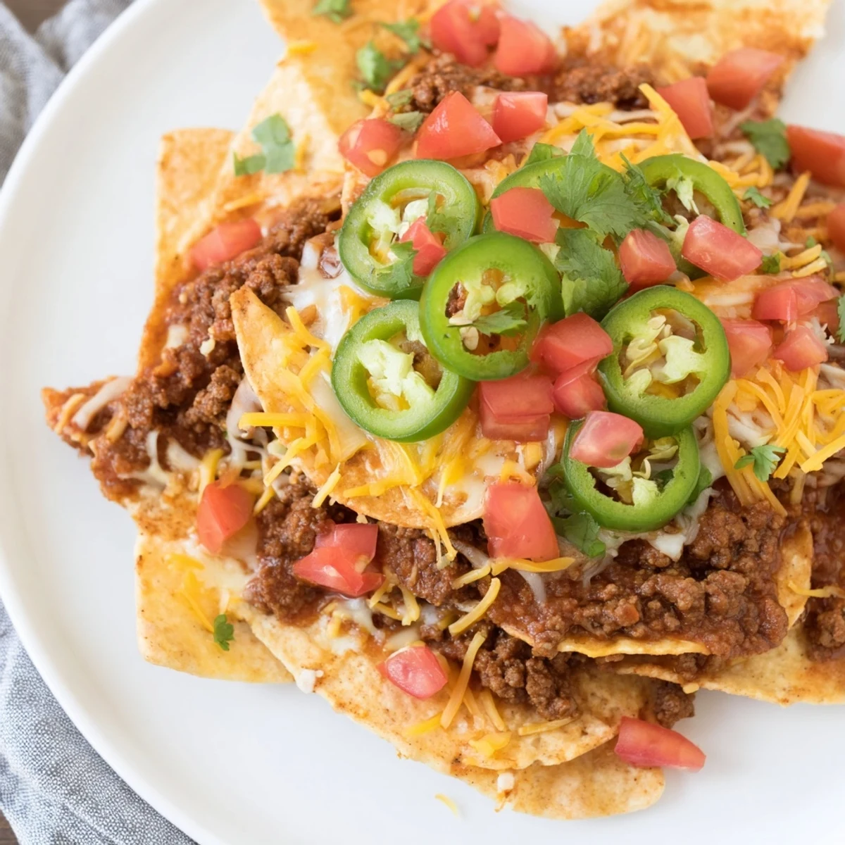Spicy Beef Nacho Platter with Jalapeños topped with sour cream and fresh tomatoes, perfect for game day gatherings.
