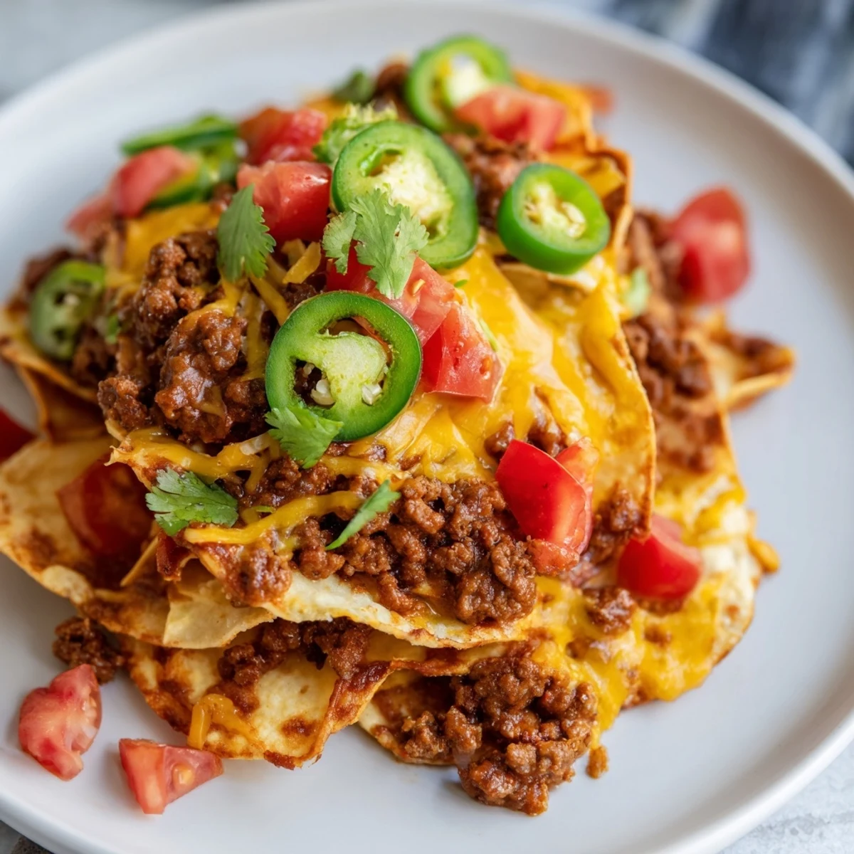 Overhead view of a Spicy Beef Nacho Platter with Jalapeños, loaded with beef, cheese, jalapeños, and lime wedges.
