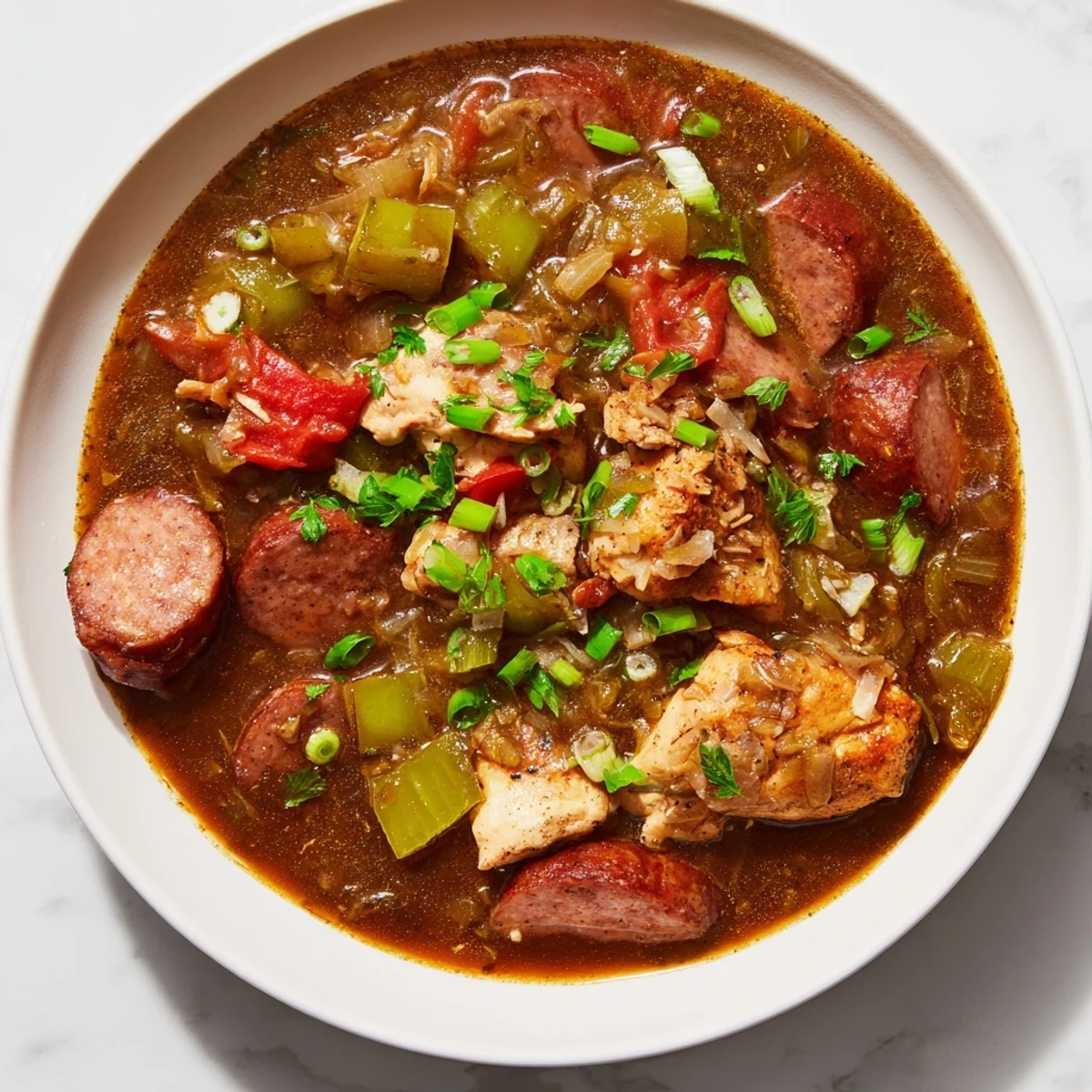 Close-up of Chicken and Beef Sausage Gumbo with chicken, sausage, and vegetables in a rich broth.