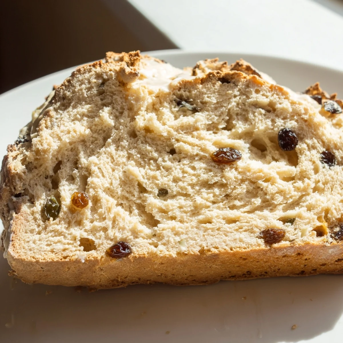 Freshly baked Irish Soda Bread with Raisins and Caraway on a wooden board, showcasing a golden crust and craggy top.