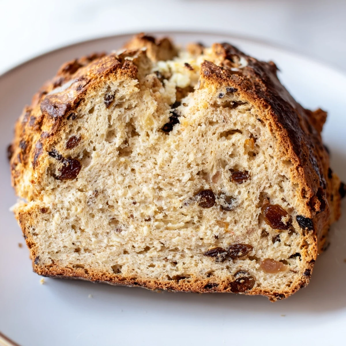 Homemade Irish Soda Bread with Raisins and Caraway served warm with butter and tea on a rustic table.