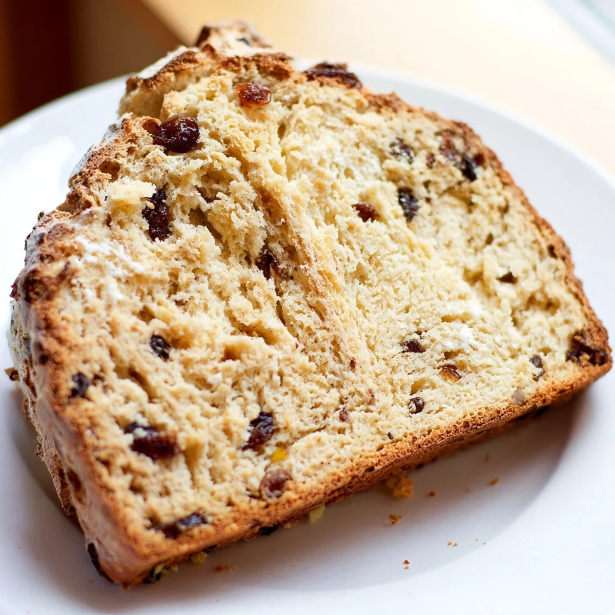 A slice of Irish Soda Bread with Raisins and Caraway shows a tender crumb studded with fruit and speckled with seeds.