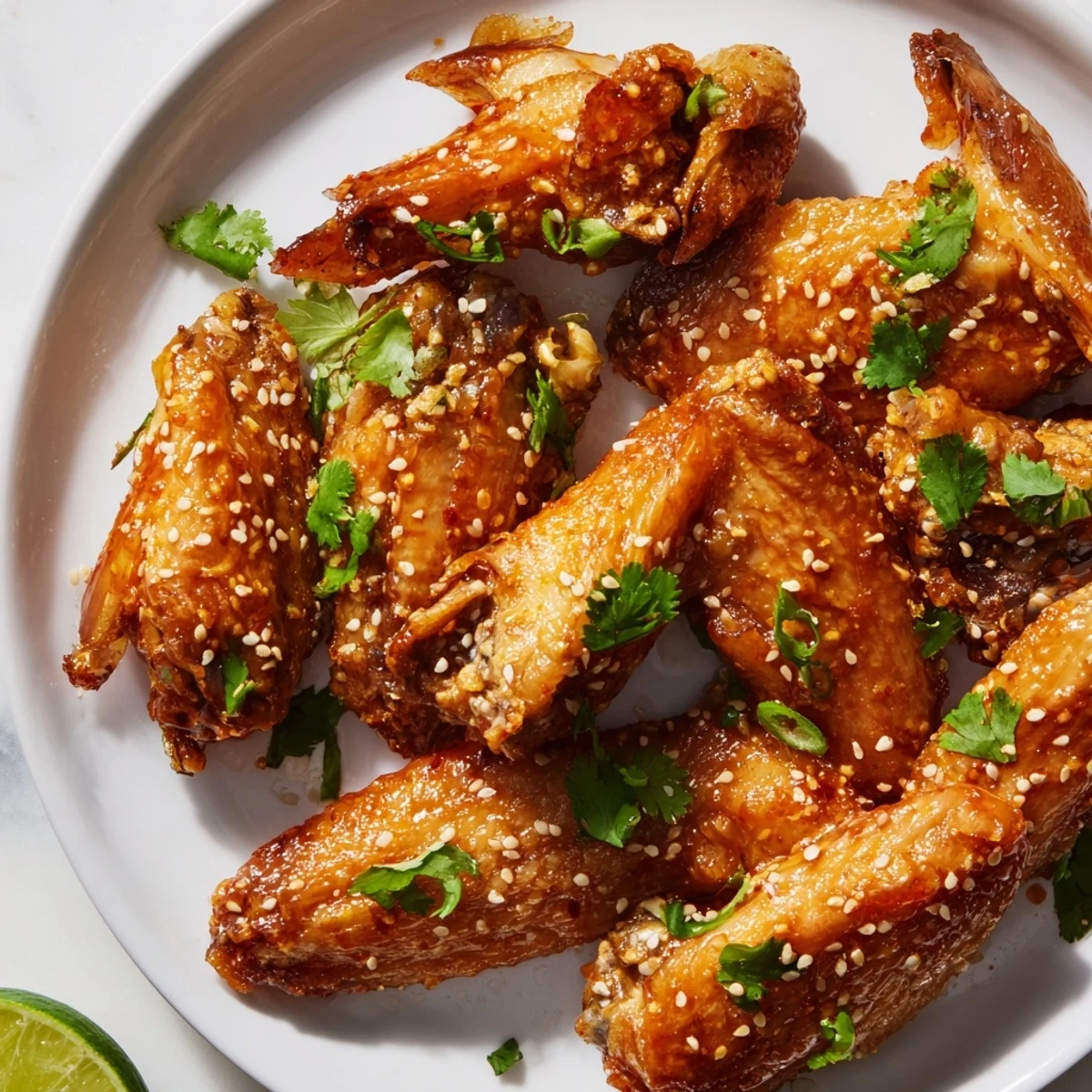 Crispy, golden baked Spicy Sriracha Chicken Wings tossed in a glossy, bold red-orange sauce, garnished with fresh cilantro and sesame seeds.  