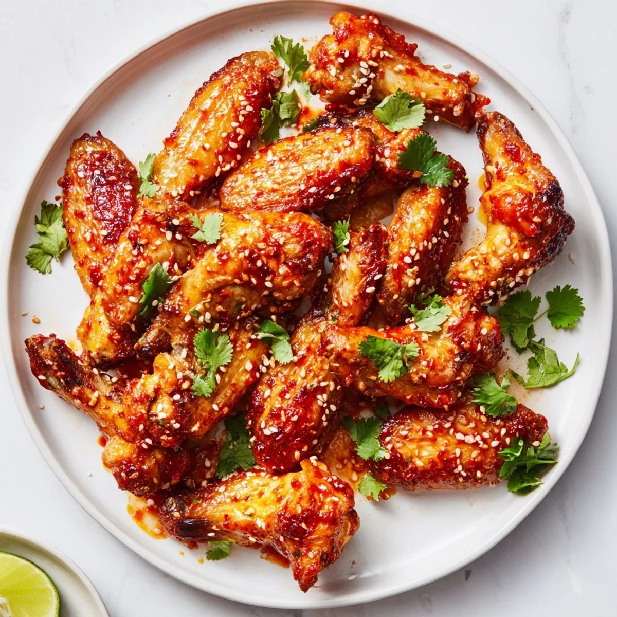 Spicy Sriracha Chicken Wings glisten with a spicy glaze on a platter, ready to be served with lime wedges for a bright finishing touch.  