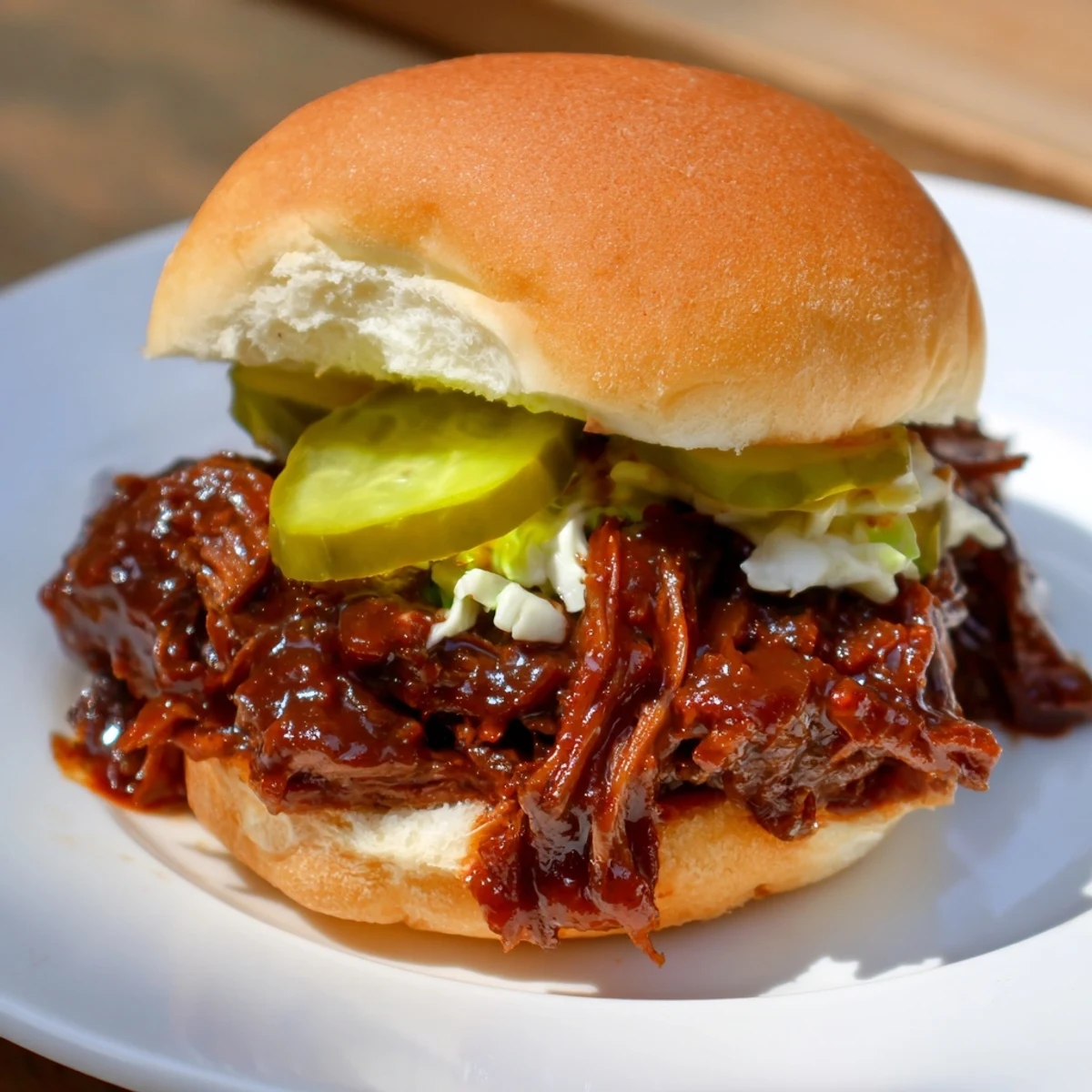 Tender shredded beef brisket mounded on a slider bun, ready to be enjoyed at a casual backyard party or game day gathering.