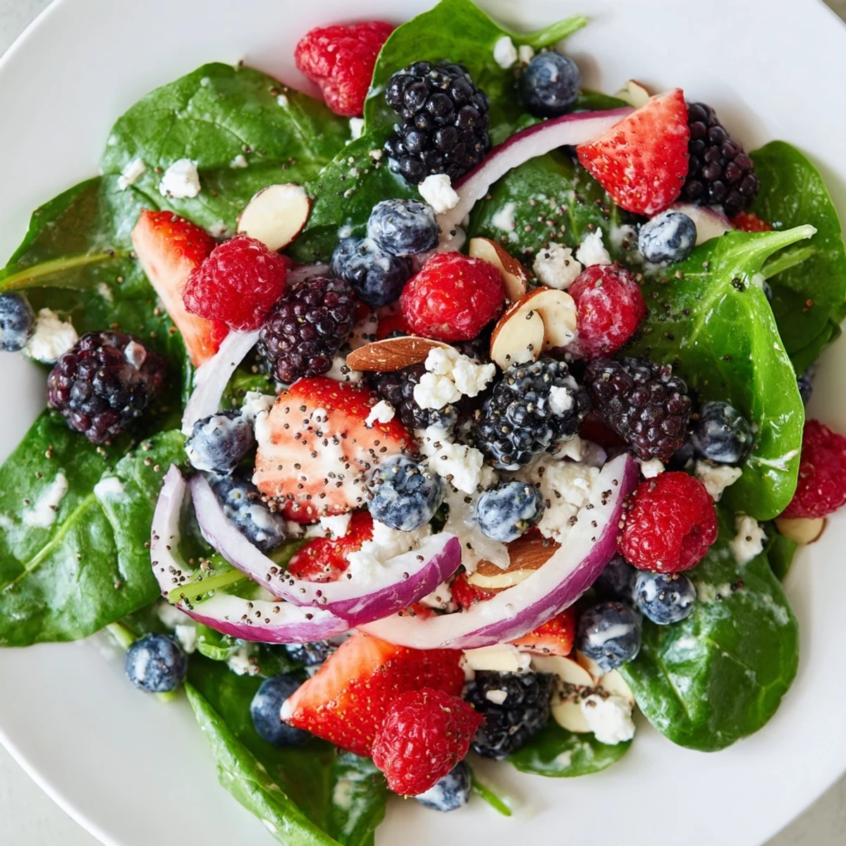 Vibrant summer Berry Salad with Poppy Seed Dressing tossed with red onion and ready for a light lunch.