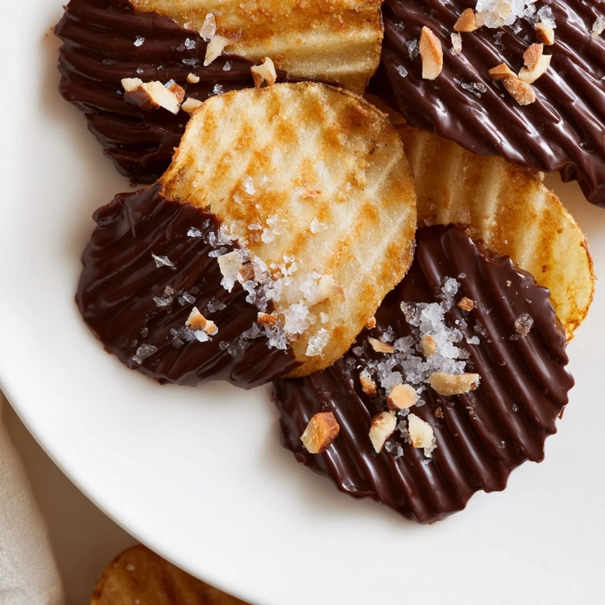 A close-up of glossy chocolate covered potato chips, topped with crushed nuts and a pinch of flaky sea salt.