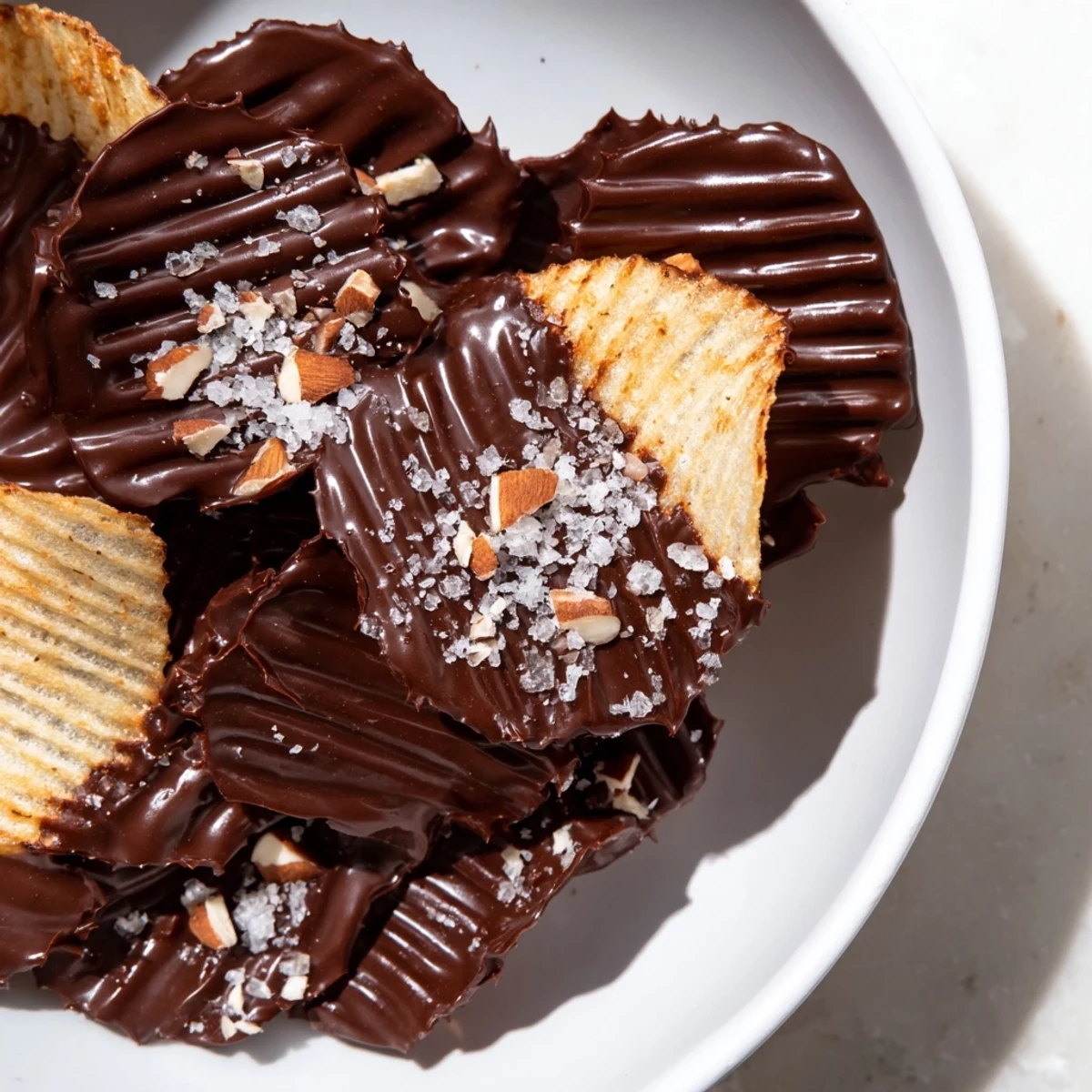 Sweet and salty chocolate covered potato chips resting on a parchment-lined baking sheet, perfect for a party snack.