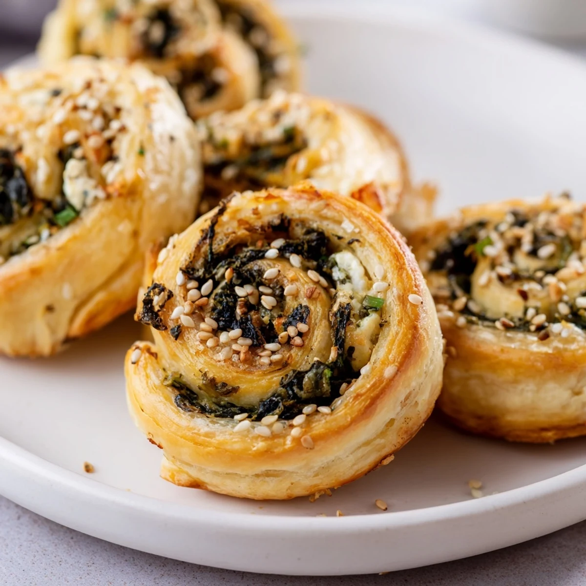 These golden Spinach and Feta Puff Pastry Pinwheels are arranged on a cooling rack, showcasing their flaky layers and flecks of green spinach.