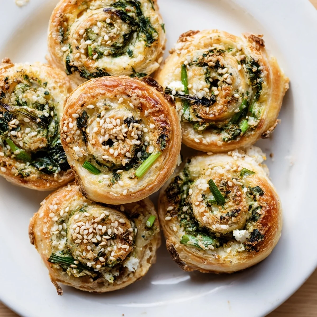 A close-up of a halved Spinach and Feta Puff Pastry Pinwheel reveals the creamy filling inside the buttery, crisp exterior.