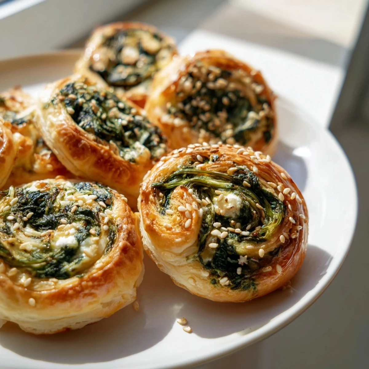 Warm Spinach and Feta Puff Pastry Pinwheels are served on a rustic wooden platter, garnished with fresh herbs for a party appetizer.