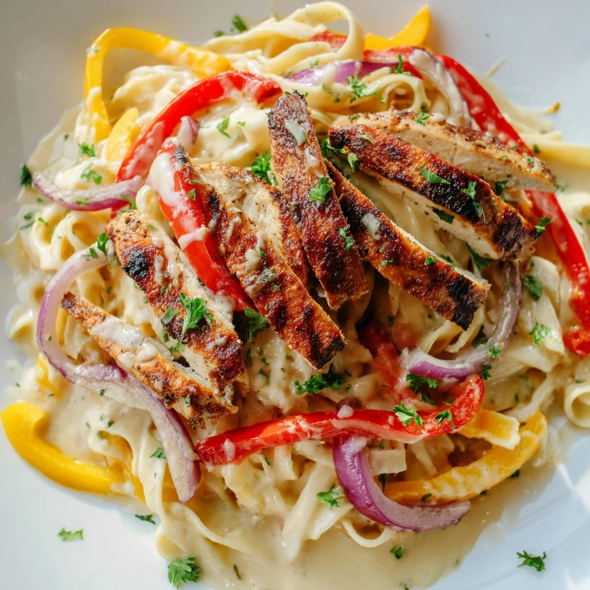 Sizzling Cajun chicken pasta with creamy sauce over fettuccine, topped with sautéed peppers and fresh parsley.