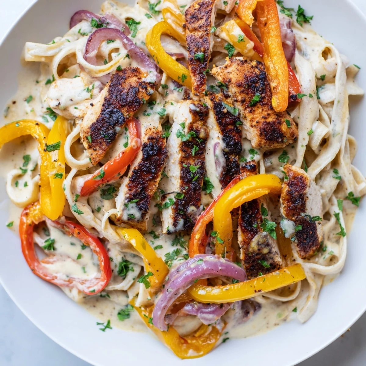 Homestyle Cajun chicken pasta tossed with fettuccine, peppers, and Parmesan, garnished with parsley on a rustic table.