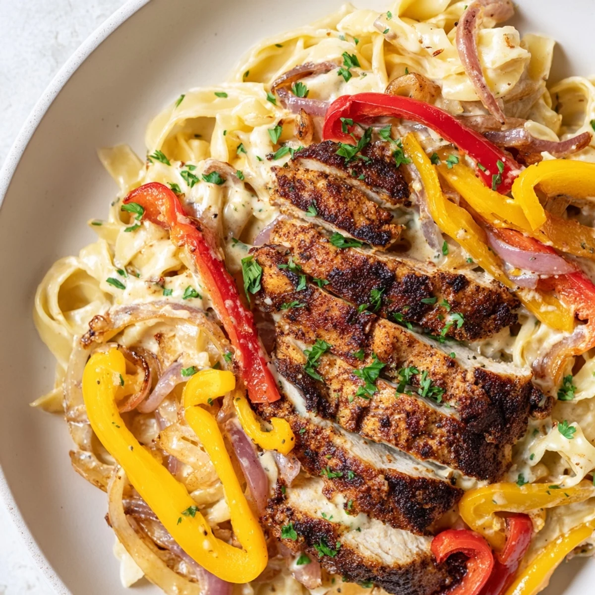 Tender Cajun chicken pasta served with vibrant bell peppers and onions in a rich, velvety creamy sauce.