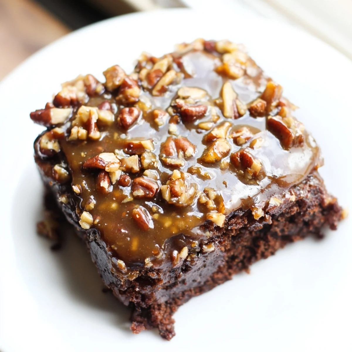 A close-up of New Orleans Praline Brownies with Pecans, showcasing a fudgy chocolate base and a glossy, nutty praline glaze.
