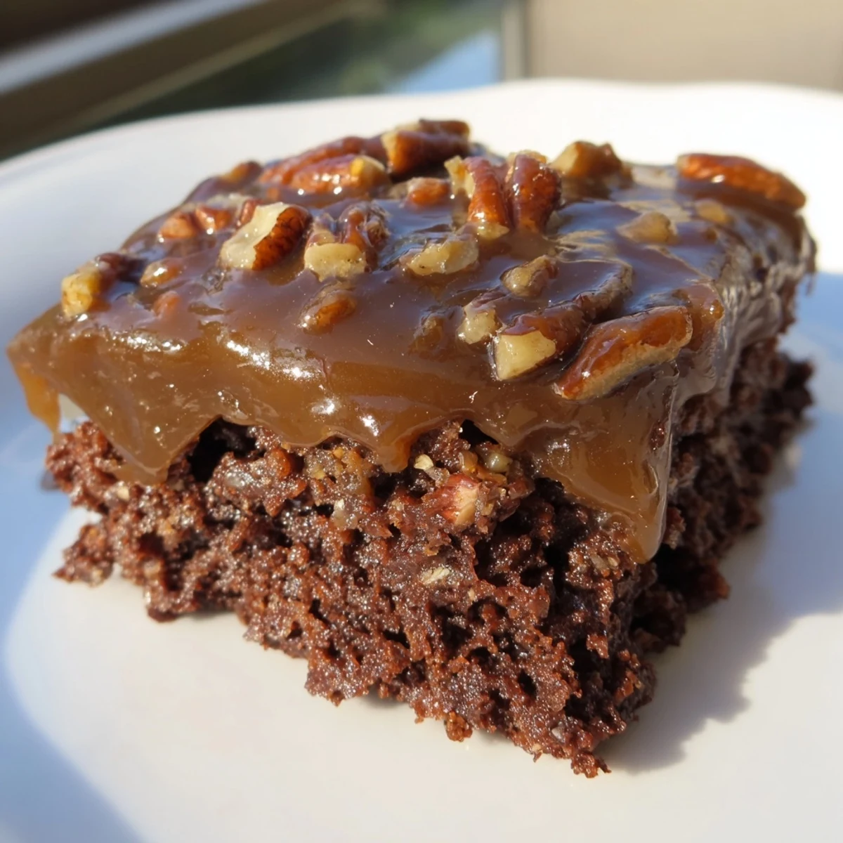 Golden-brown pecan topping on New Orleans Praline Brownies, highlighting the crunchy, buttery praline and rich chocolate layers.