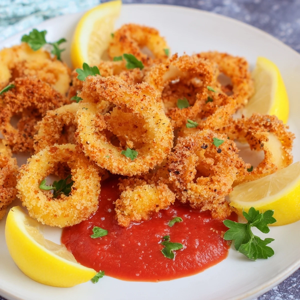 Golden-brown calamari rings coated in a crispy breaded crust, served alongside a vibrant red homemade marinara sauce.