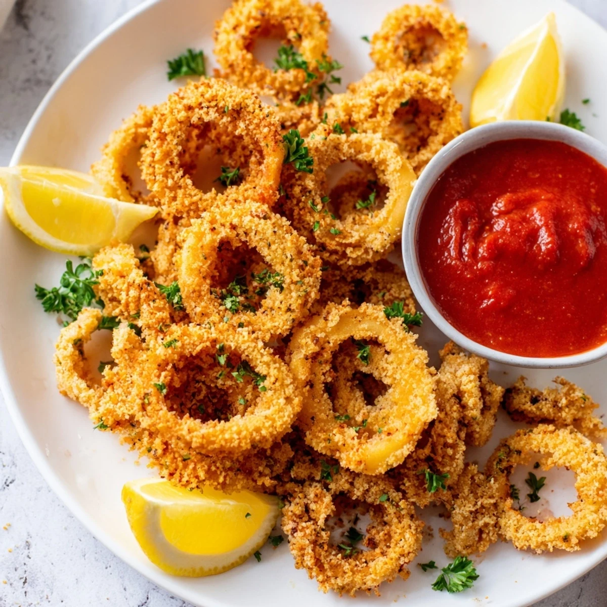 Crispy Calamari with Marinara Sauce plated for a shareable Italian appetizer, featuring golden textures and zesty flavors.
