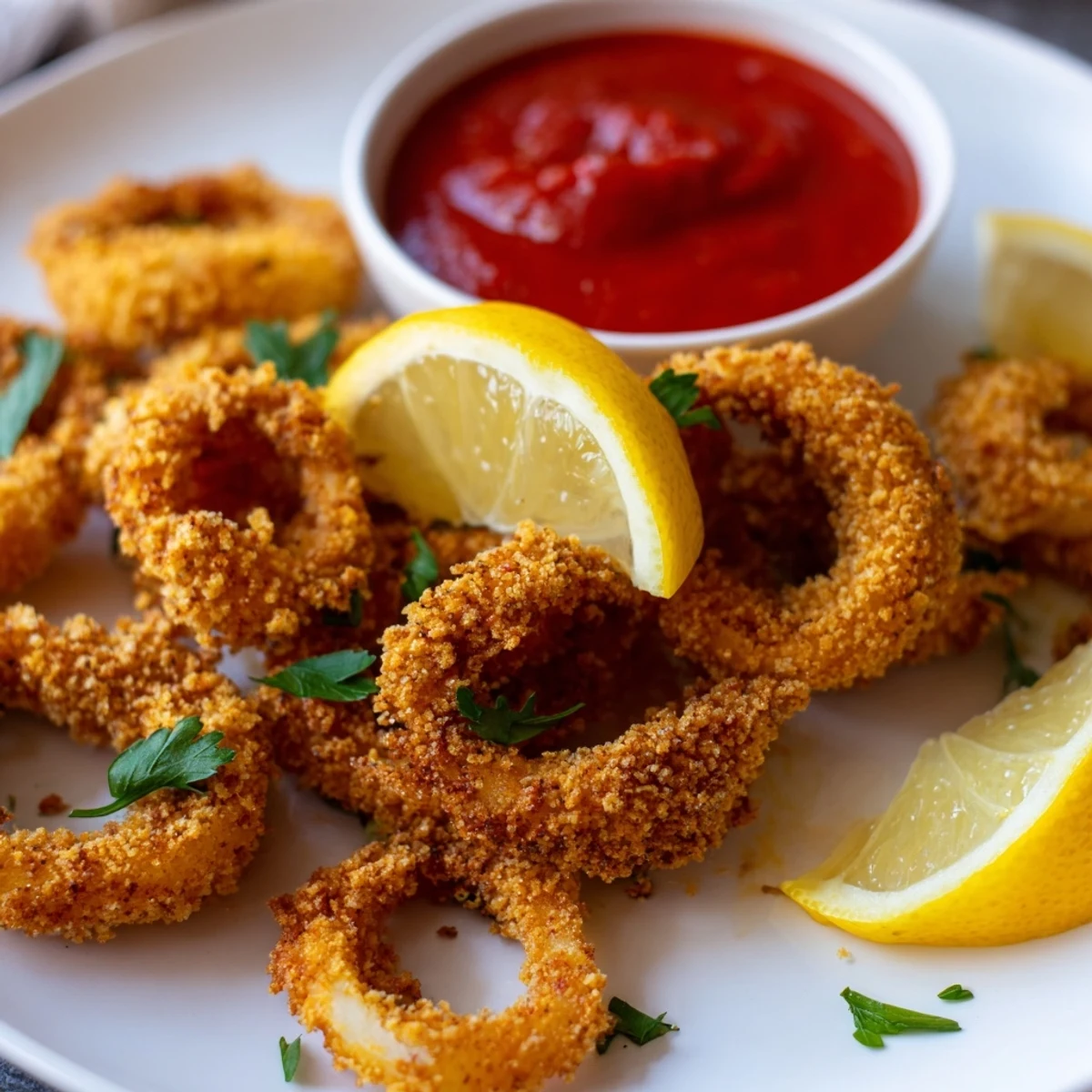 Perfectly fried calamari with marinara dipping sauce, garnished with fresh parsley and bright lemon wedges.