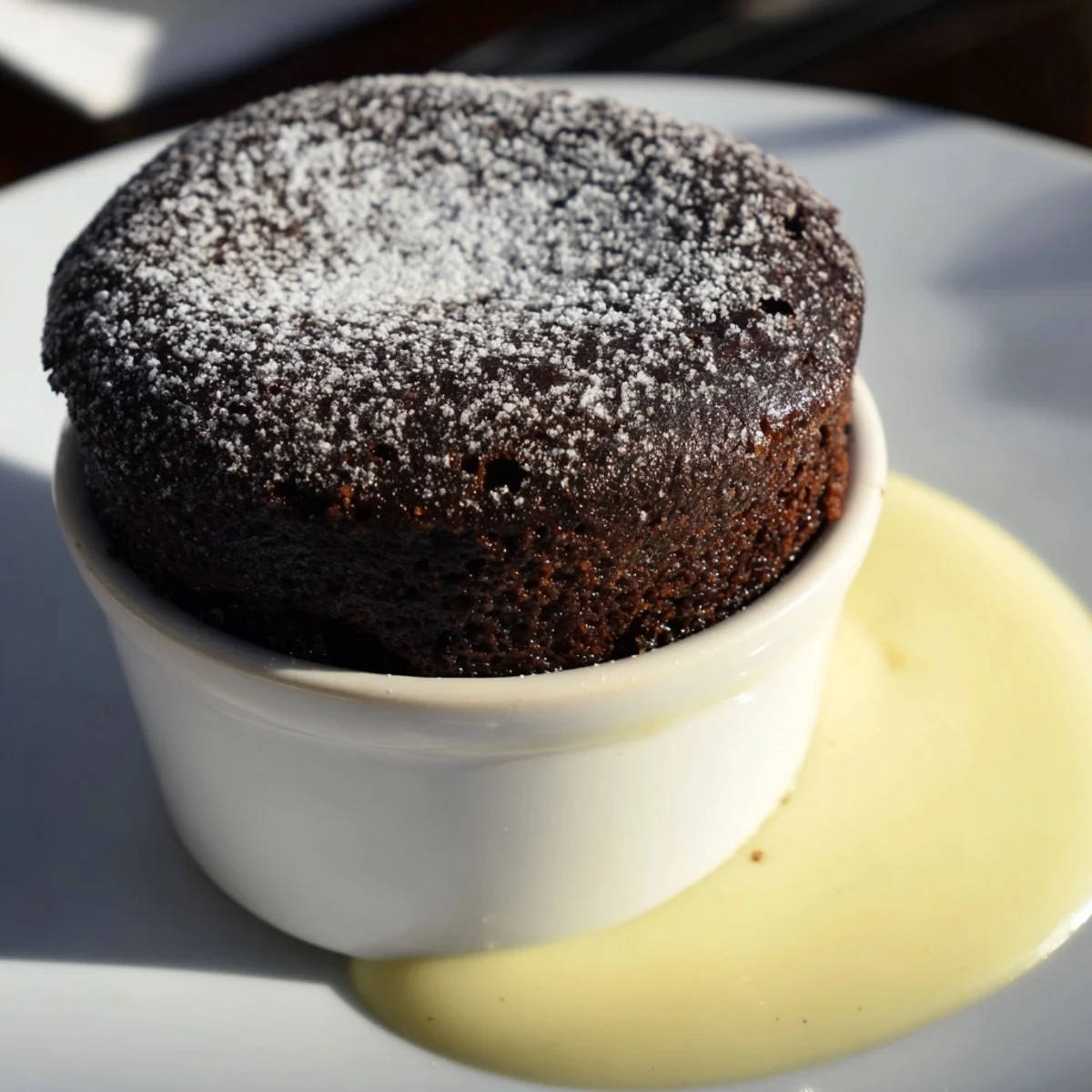 A perfectly risen chocolate soufflé, golden and airy, sits beside a small pitcher of creamy crème anglaise on a rustic wooden table.  