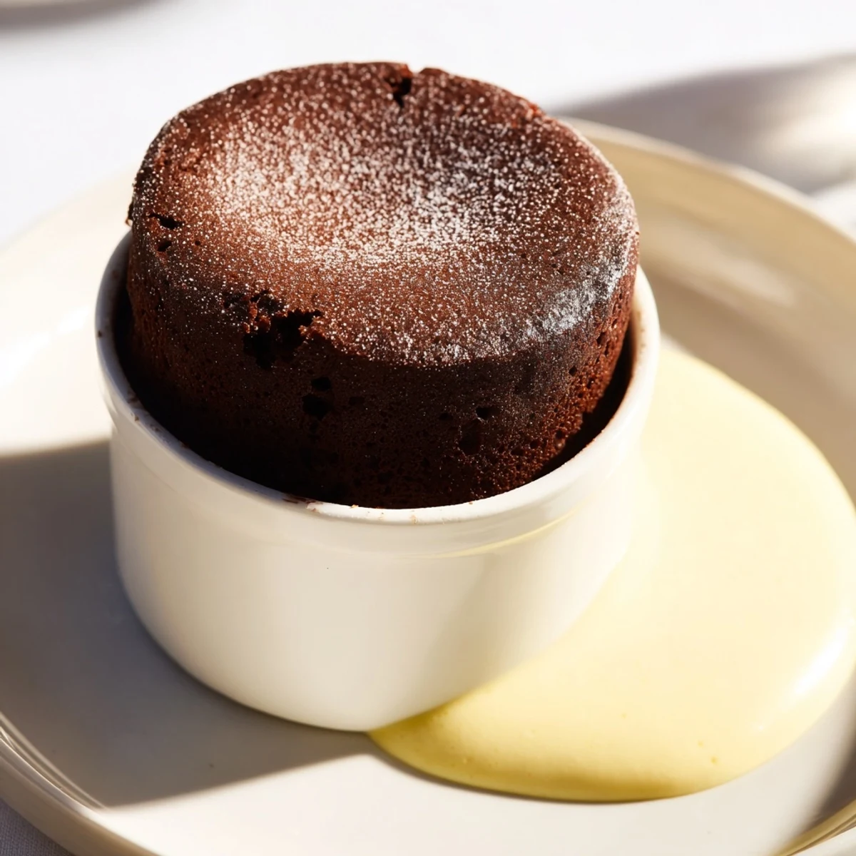 A close-up of a chocolate soufflé with a slightly cracked top, drizzled with vanilla crème anglaise, ready to be enjoyed.  