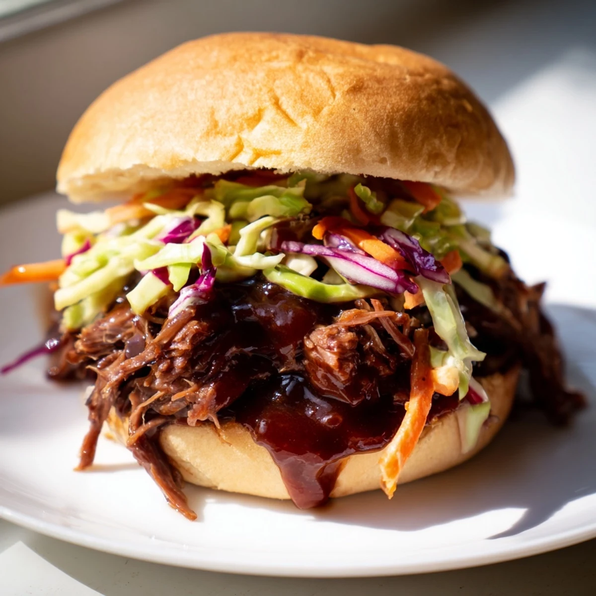Tender shredded beef brisket sliders piled high on soft buns, smothered in tangy BBQ sauce and topped with crisp homemade slaw.
