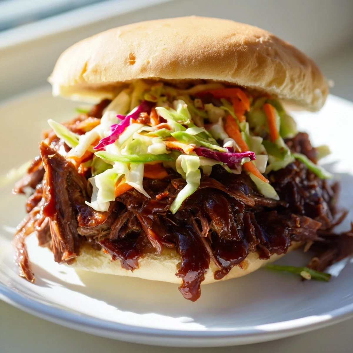 Golden toasted slider buns cradle juicy BBQ brisket and crunchy slaw, perfect for game day gatherings or summer backyard cookouts.
