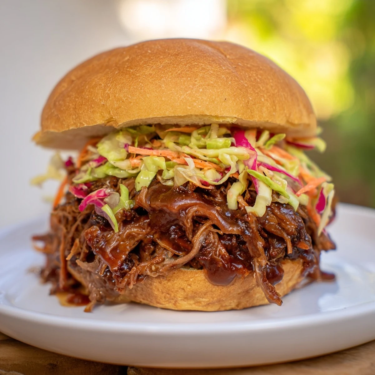 Pile shredded, slow-cooked brisket onto soft buns with a drizzle of smoky BBQ sauce and a heap of crisp, tangy slaw.