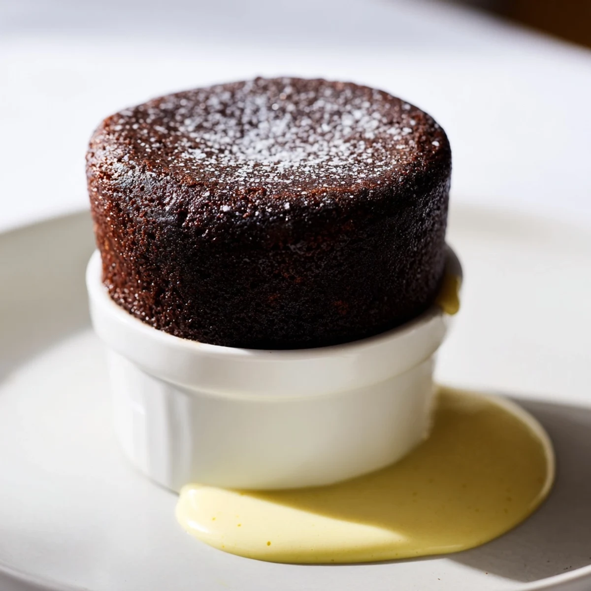 Freshly baked chocolate soufflé rising high in its ramekin, served with a generous drizzle of creamy vanilla crème anglaise.