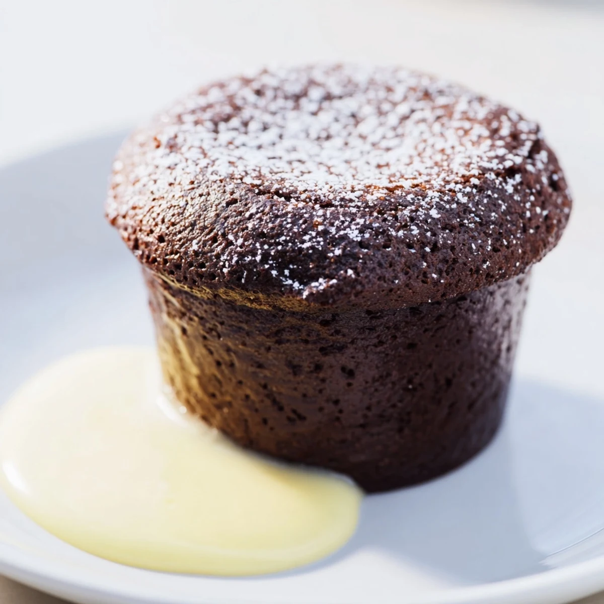A close-up of a rich, airy chocolate soufflé beside a small pitcher of silky vanilla sauce for dipping.