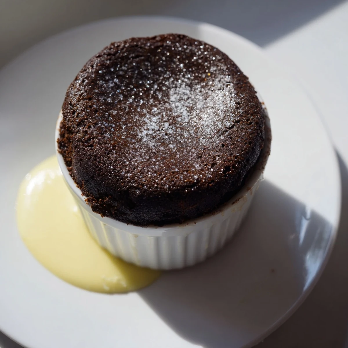 Golden-brown chocolate soufflé emerging from the oven, dusted with powdered sugar and paired with smooth crème anglaise.