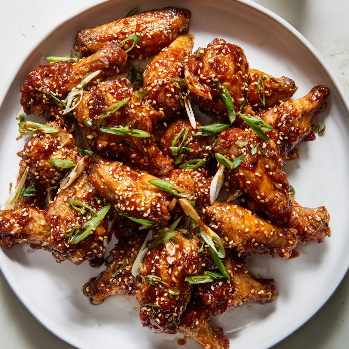 Golden-brown Spicy Sriracha Chicken Wings with sesame seeds glistening on a platter, surrounded by lime wedges and fresh green onions for a bright, appetizing presentation.