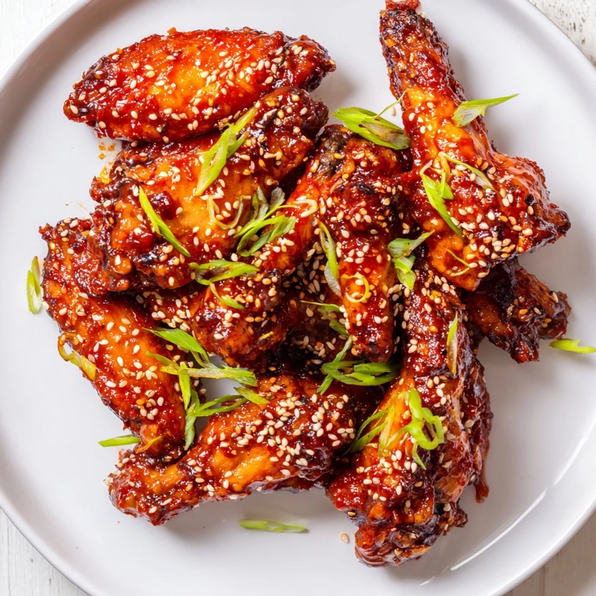 Crispy Spicy Sriracha Chicken Wings tossed in a glossy red glaze, piled high on a wooden board with scattered sesame seeds and a side of cooling ranch dip.