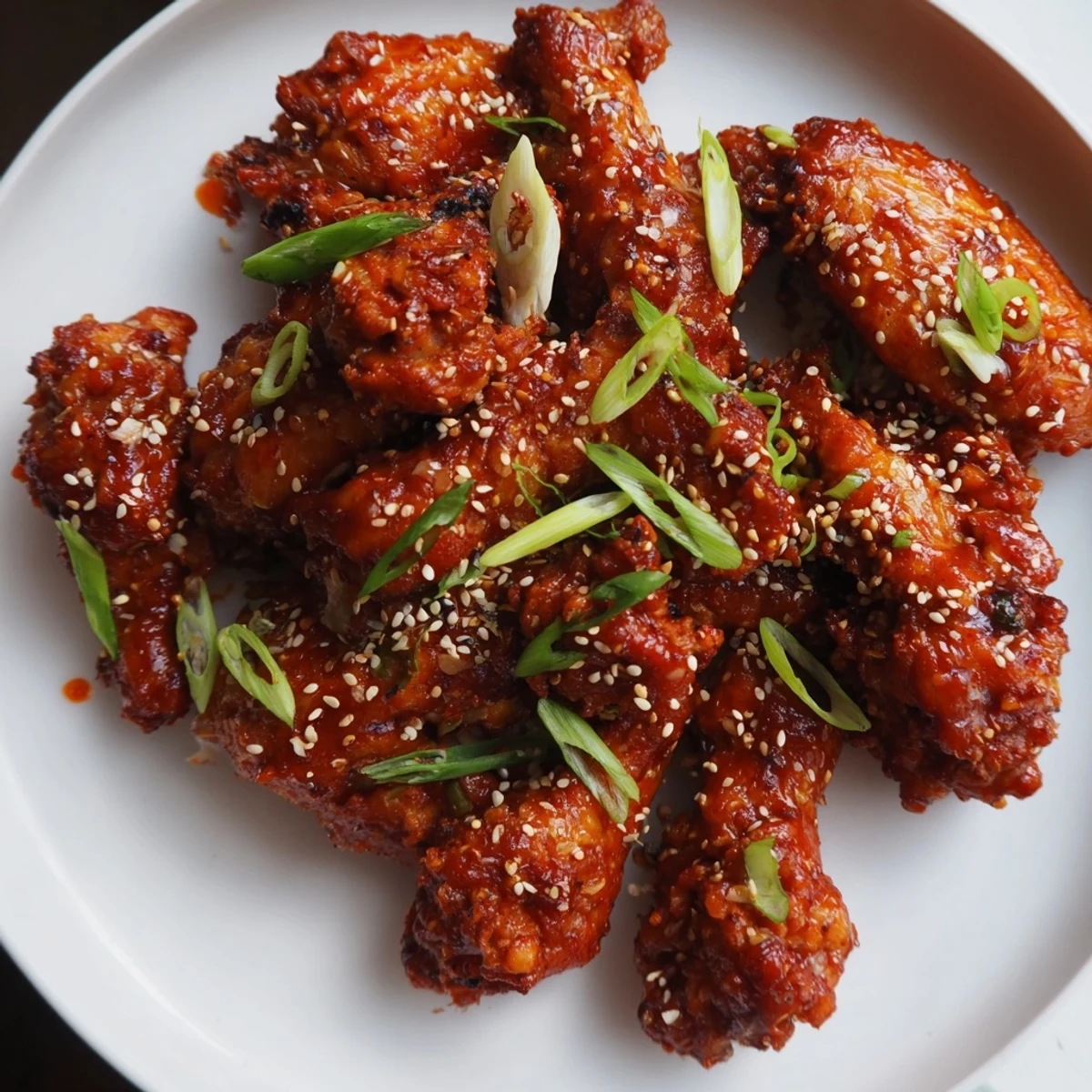 Close-up shot of Spicy Sriracha Chicken Wings revealing juicy meat inside a crackling crust, drizzled with fiery sauce and topped with toasted sesame and sliced scallions.