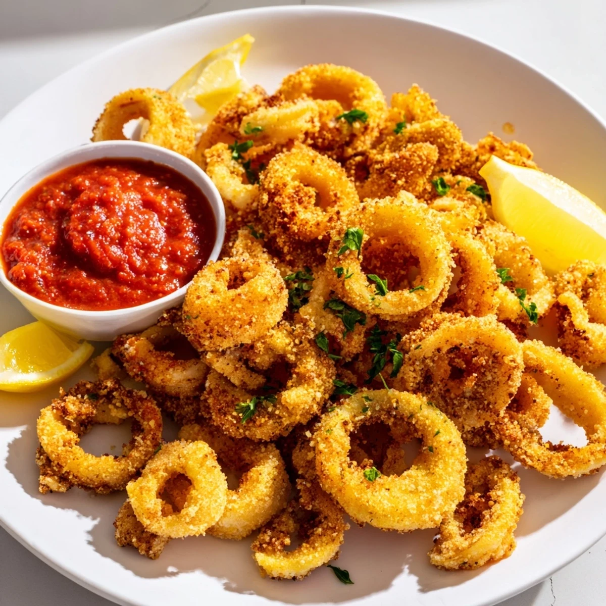 Crispy calamari rings with golden breading, served alongside a zesty homemade marinara dipping sauce and fresh lemon wedges.