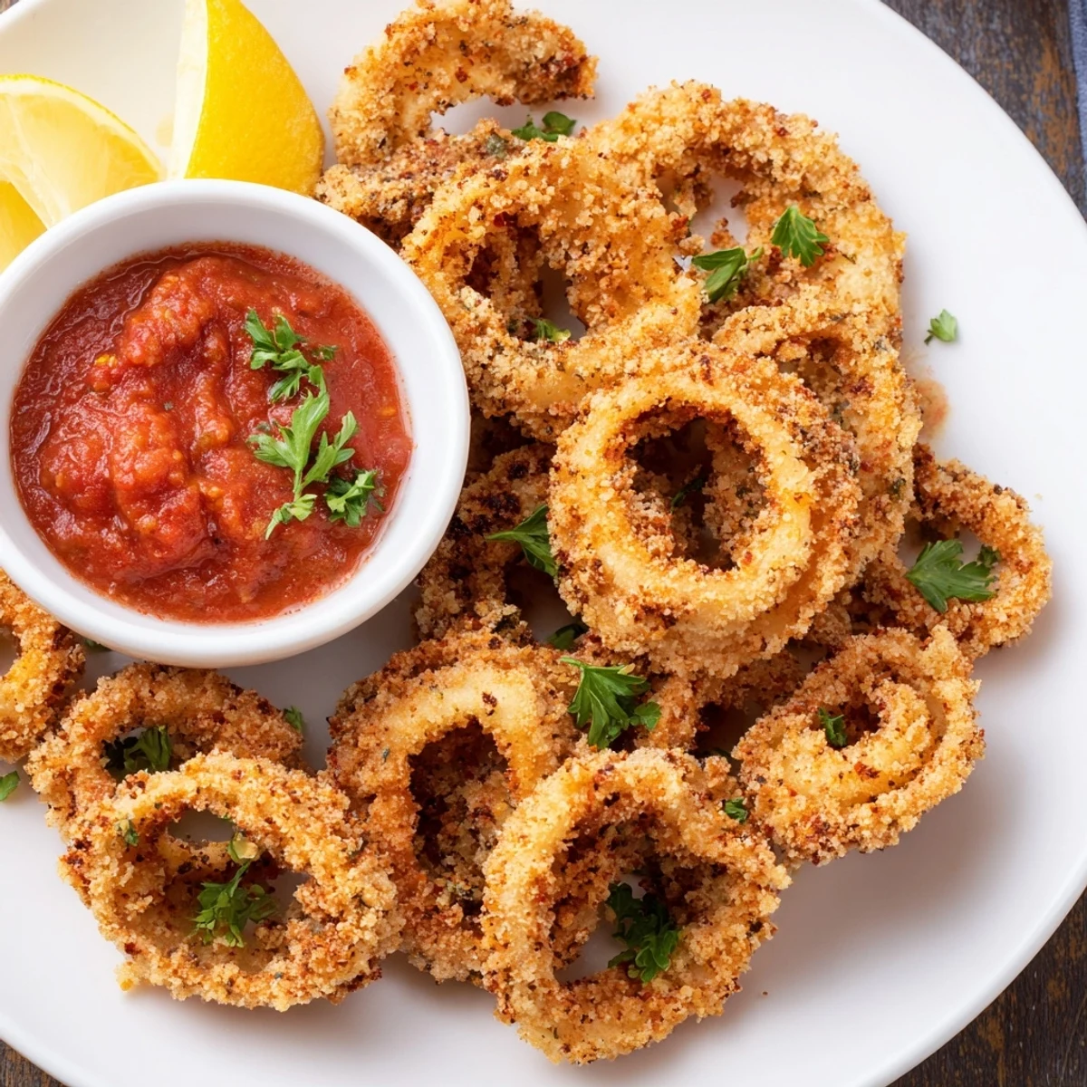 Golden-fried calamari with a crunchy coating, presented on a platter with vibrant marinara sauce and bright lemon wedges.