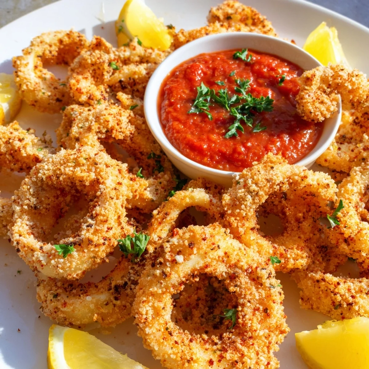 Fresh calamari rings coated in a crispy flour-cornmeal blend, golden fried and paired with warm marinara for dipping.