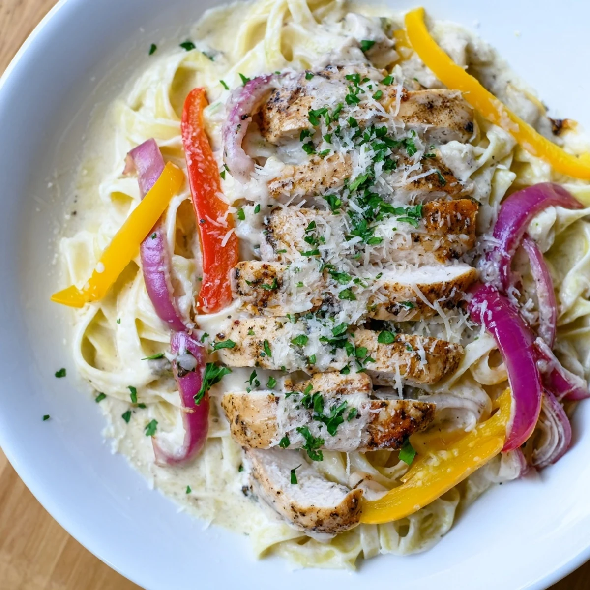 Creamy Cajun Chicken Pasta with tender, spicy chicken strips, sautéed bell peppers, and rich sauce over fettuccine.  