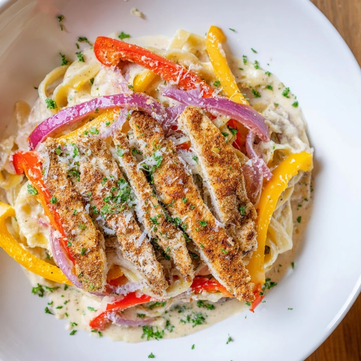 A close-up of a hearty plate of Cajun Chicken Pasta, featuring golden-brown chicken and vibrant red and yellow peppers.  