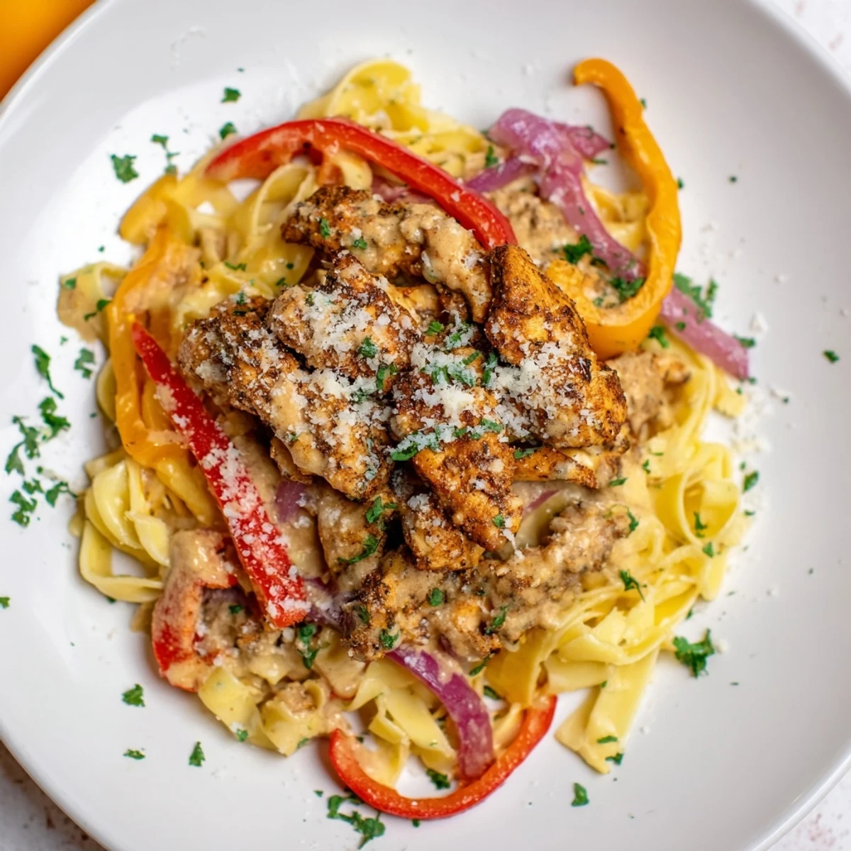 Steaming bowl of Cajun Chicken Pasta topped with fresh parsley, showcasing the luscious creamy sauce and perfectly cooked noodles.