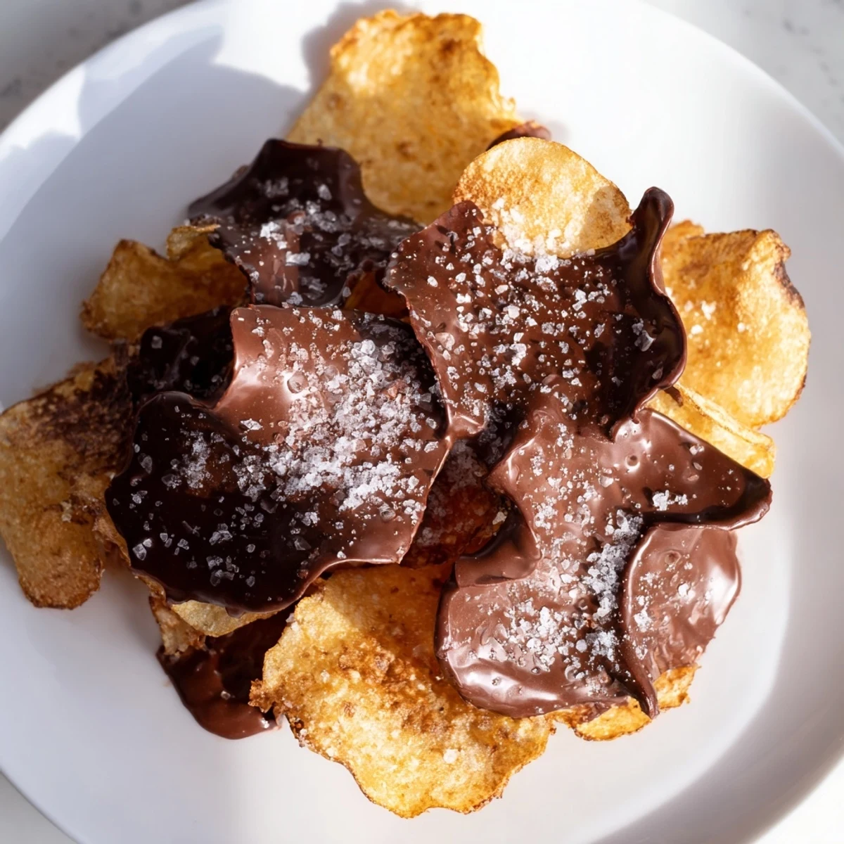 Golden-brown kettle potato chips dipped in dark chocolate and sprinkled with flaky sea salt on a baking sheet.  