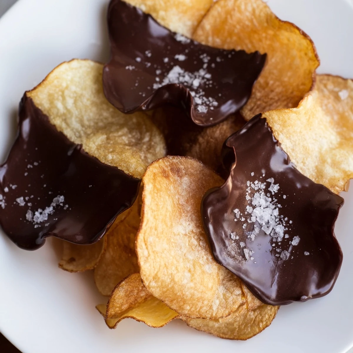 Sweet and salty chocolate covered potato chips with sea salt, perfect for dessert or a crunchy party treat.